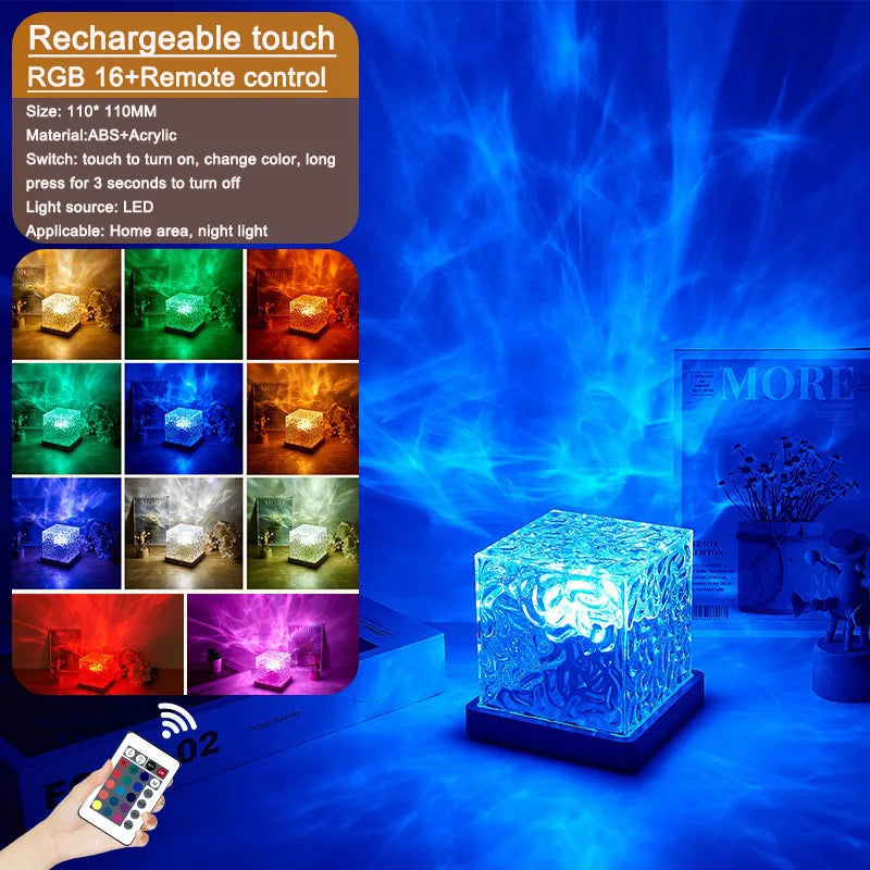 LED Rotating Water Ripple Night Lights RGB Colors Changing Show Cube Crystal Table Lamp for Home Bedroom Kids Party Decorations